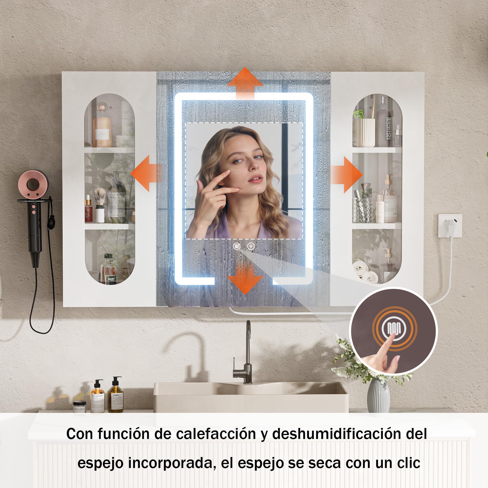 Armario Baño con Espejo LED iluminación y Función de desempañadora Armario Baño Espejo de Pared con Enchufe, 3 Compartimentos Grandes y Soporte para secador de Pelo, 100x65x16 cm