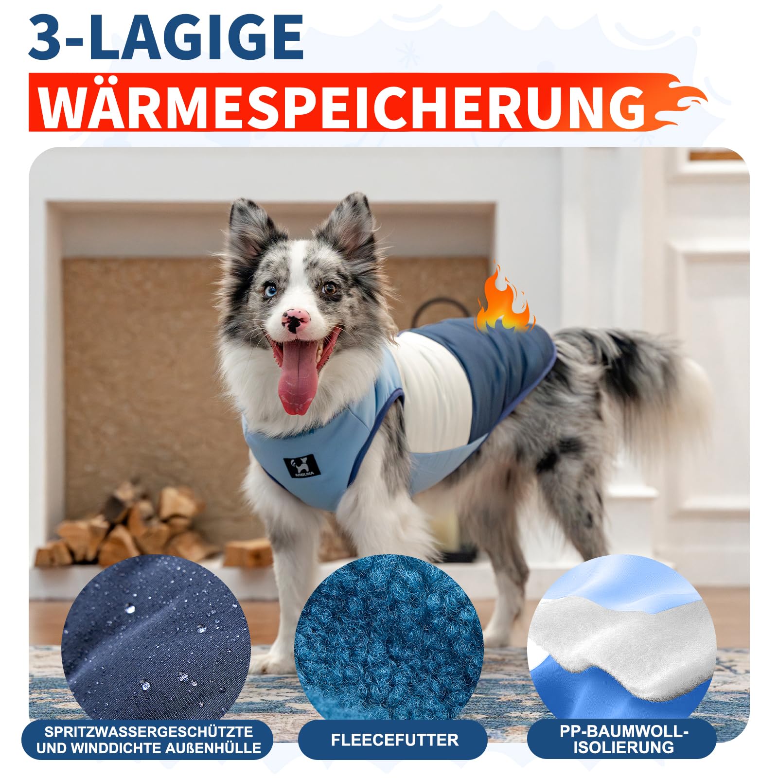 Arblina Hundemantel, Wasserdichter Wintermantel Hund mit Fleece-Futterung für Mittelgroße & Große Hunde, Zweiseitig Tragbarer Winterjacke Hund mit ReißVerschluss, Blau, XL