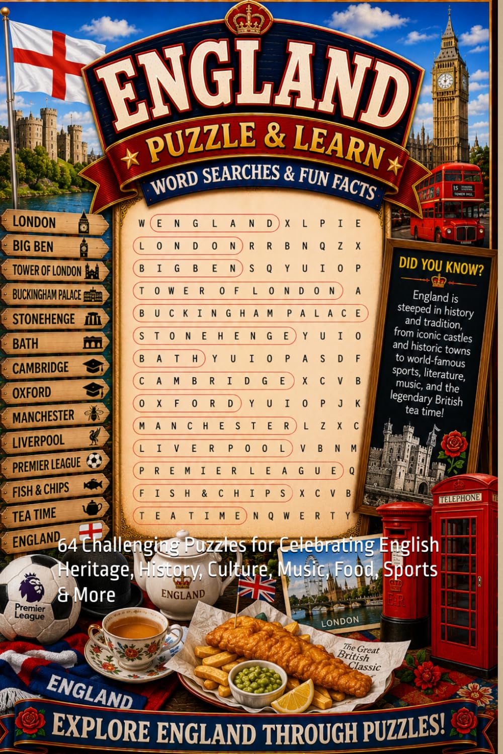 England Word Search Puzzle and Learn: 64 Challenging Puzzles for Celebrating English Heritage, History, Culture, Music, Food, Sports & More (Explore The World Word Search Series - Puzzle and Learn)