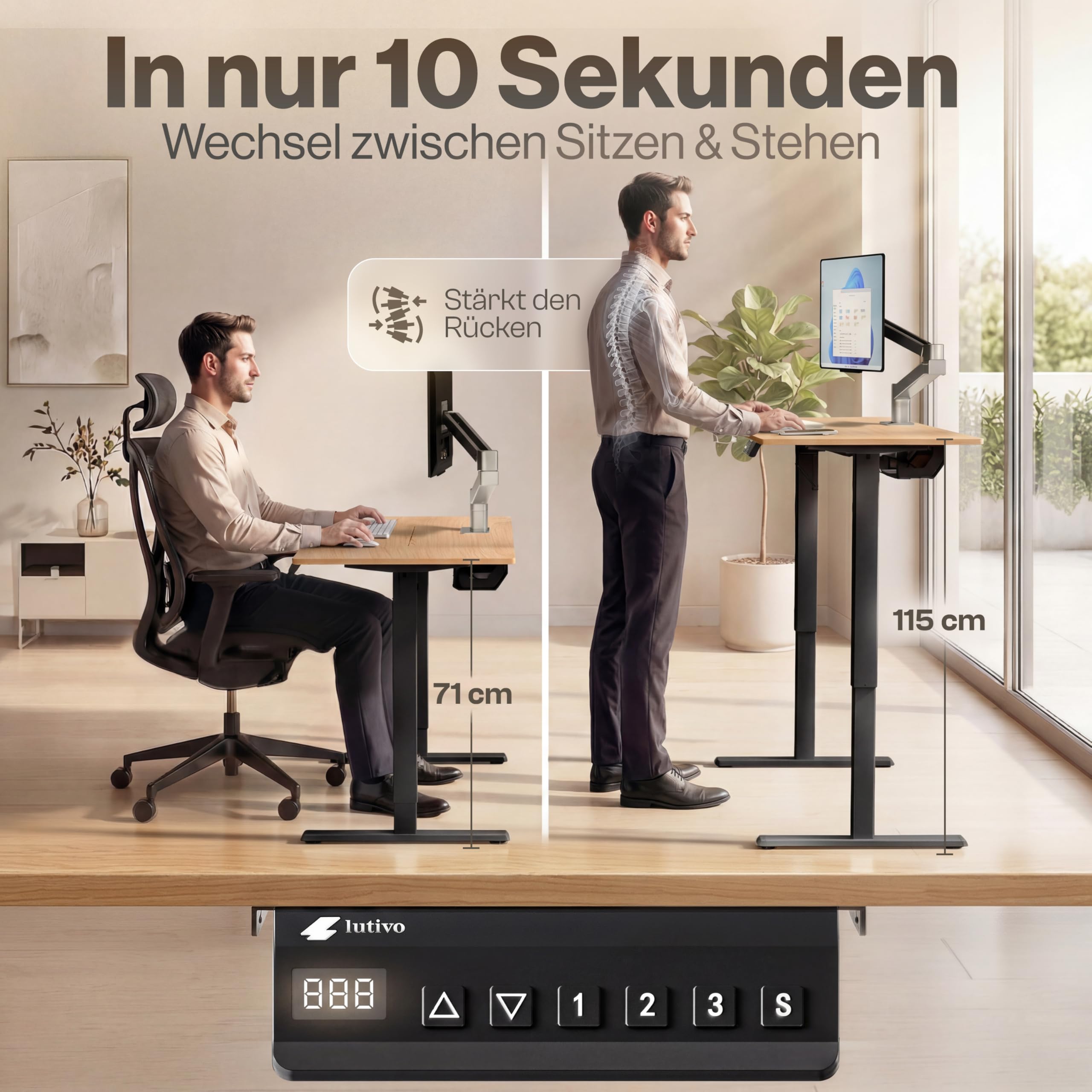 Foxtrot Höhenverstellbarer Schreibtisch elektrisch [JETZT NEU] | 120x60cm | Leiser Schreibtisch höhenverstellbar elektrisch | Elektrischer Schreibtisch mit Kabelversteck & OneTouch Profilen