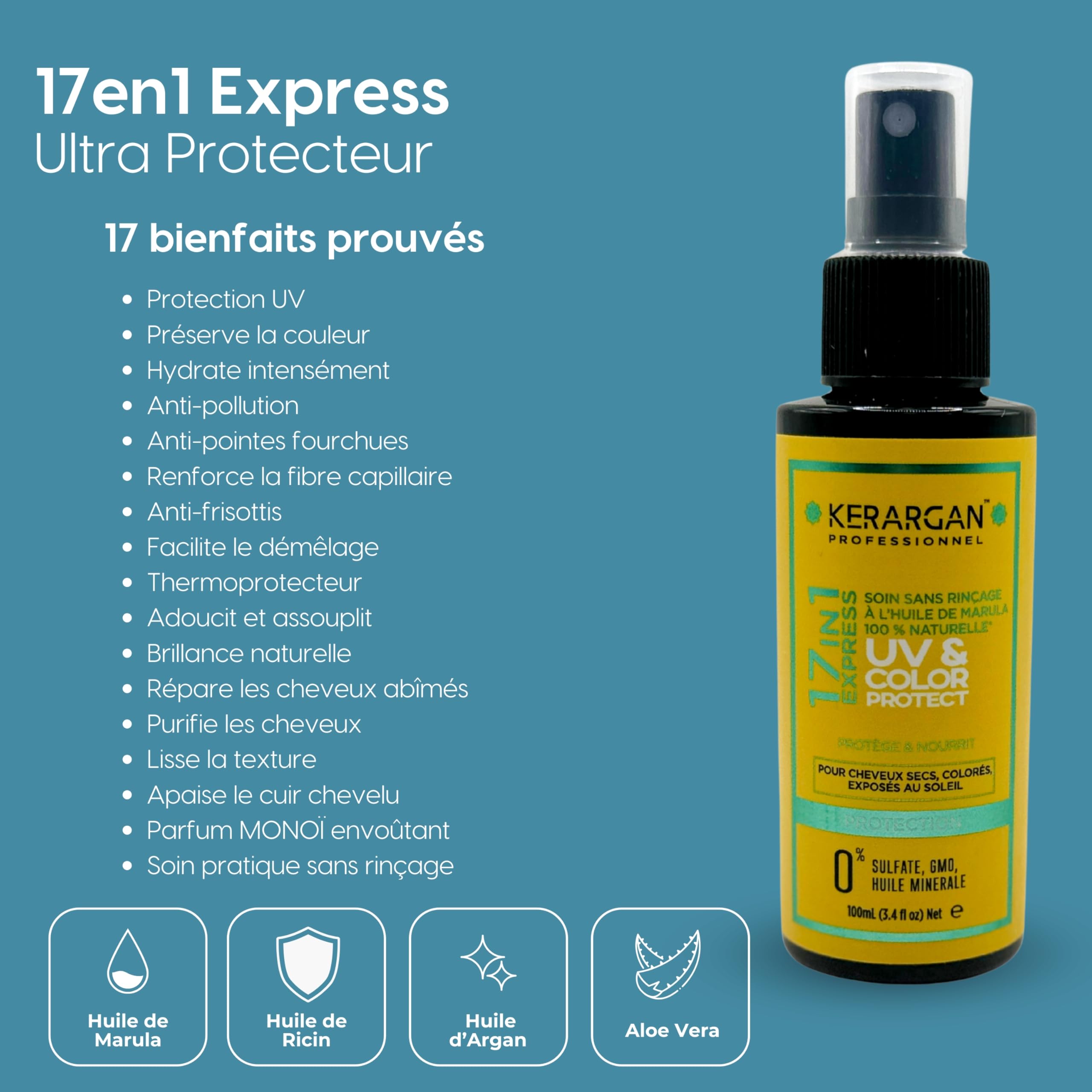 KERARGAN - Routine Marula 5 Soins Protection UV Couleur - 3x500ml+2x100ml | Shampoing, après-shampoing, masque, sérum et spray 17-en-1, routine complète de protection UV et couleur