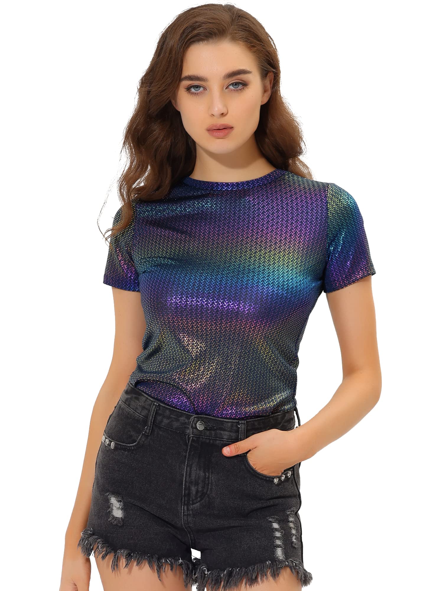 Allegra K Women's 80s Disco Outfit Party Club Sparkly Rainbow Metallic Top Dark Blue XL — image 1