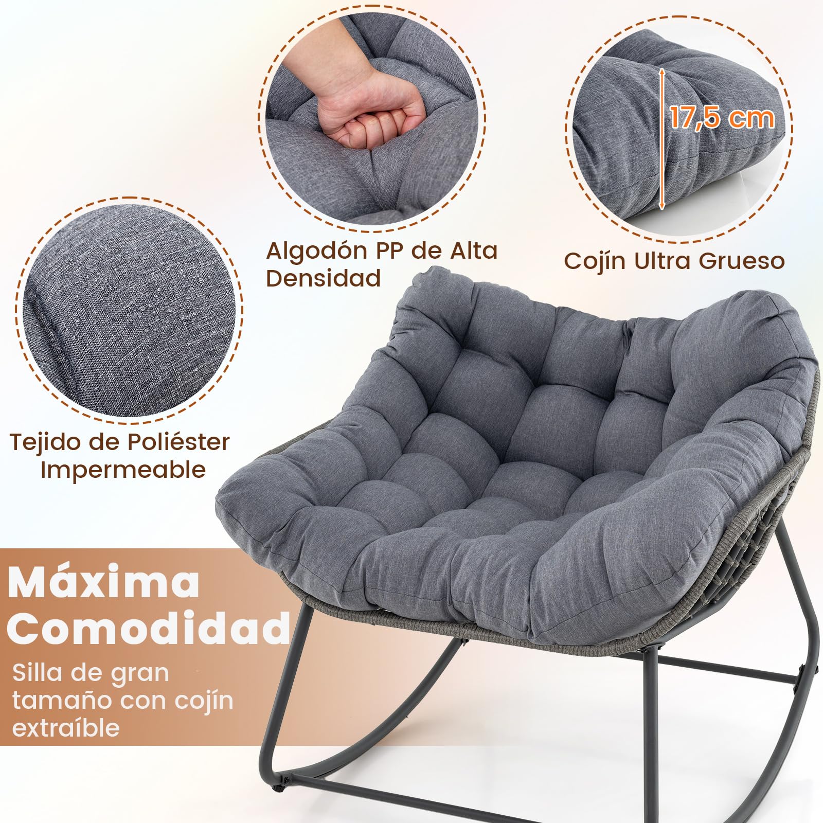 COSTWAY Silla Mecedora para Exteriores, Silla de Huevo de Mimbre PE de Gran Tamaño con Cojín Grueso y Extraíble, Silla de Ratán con Estructura Metálica Resistente para Salon, Balcón, Jardín (Gris)