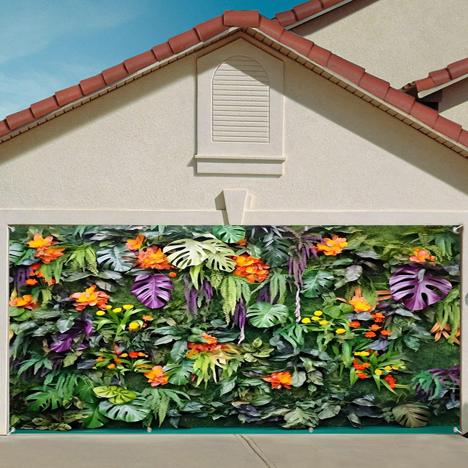 6x13ft Tropical Rainforest Plant Garage Door Decor Artificial Green Palm Leaves Colorful Flowers Garage Door Backdrop for Summer Jungle Theme Newborn Birthday Party Garage Door Banner