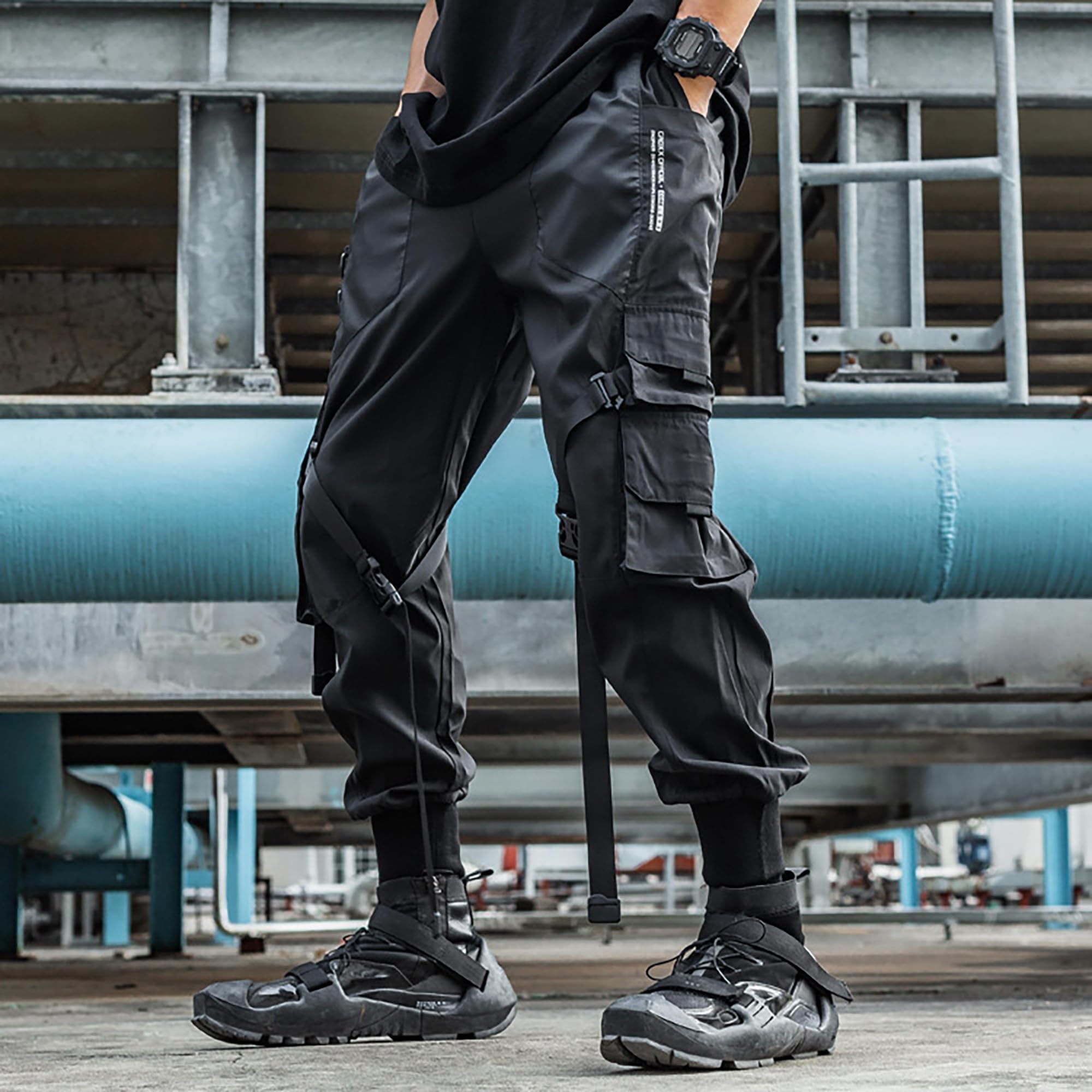 XYXIONGMAO Dunkle Herren-Cargohose, Cyberpunk-Hose, Gothic-Hose für Herren, japanische Cargohose mit Trägern, taktische Tech-Cargohose