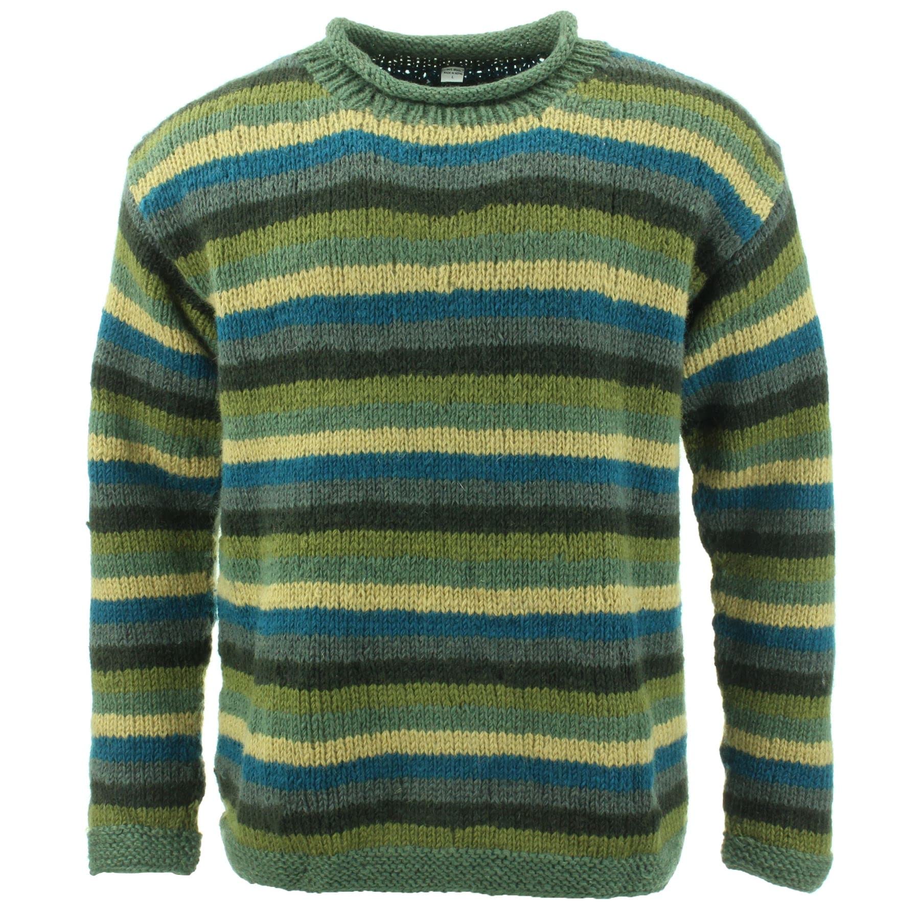 Loudelephant Unisex Stripe Green Blue Chunky Wool Knit Jumper - (3X-Large)