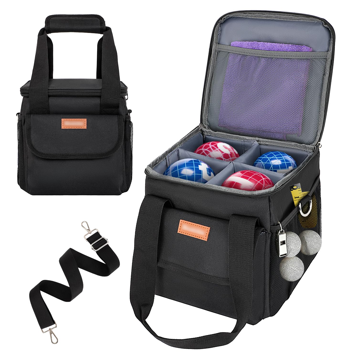 Boccia Kugeltasche für 8 Kugeln, Tragetasche für Boccia Set mit Herausnehmbaren Trennwänden, Gepolsterte Aufbewahrungstasche mit Schultergurt & Netztaschen, Schwarz (Nur Tasche)