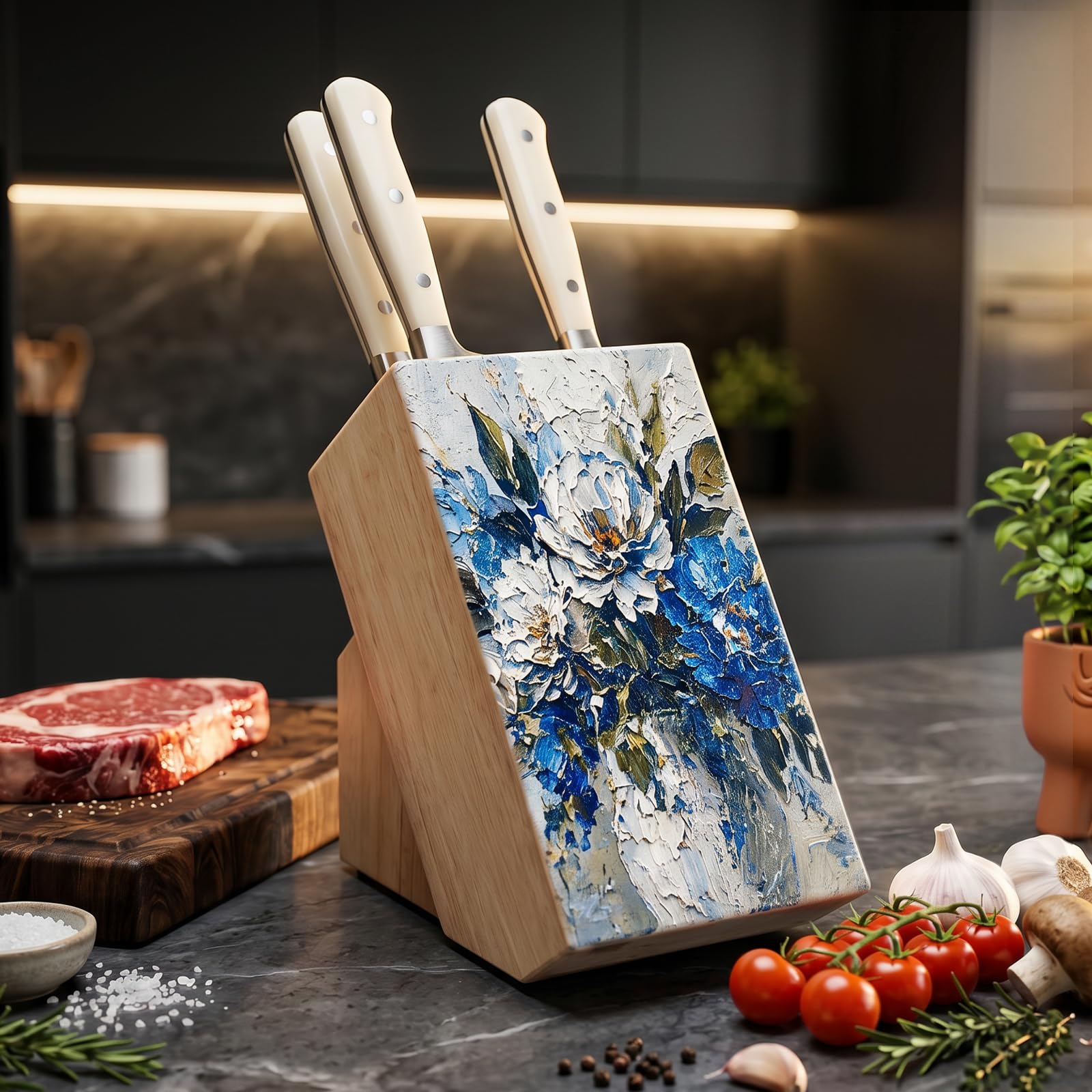 Messerblock weißer Eiche mit 14 Fächer, „Floral Oil Art“-ohne Messer | 45°-Schrägschlitze, wasserabweisende „Oil Art“-Rückseite, rutschfeste Füße, Belüftungsöffnungen, max. 9,65"
