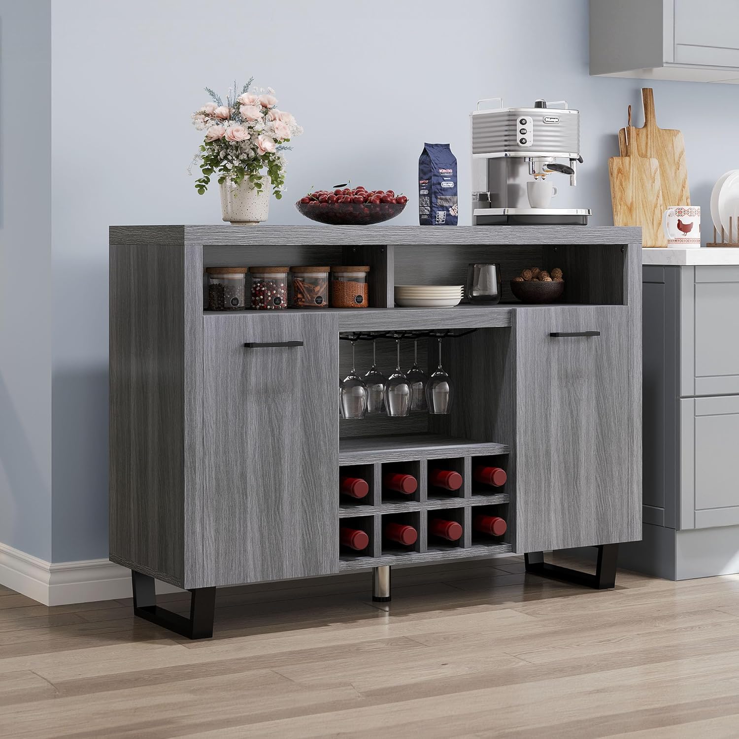 DWVO Coffee Bar Cabinet, 47" Modern Sideboard Buffet Cabinet with Storage, Wine Bar Cabinets with Wine and Glass Rack, Console Table for Kitchen & Living Room, Grey Oak