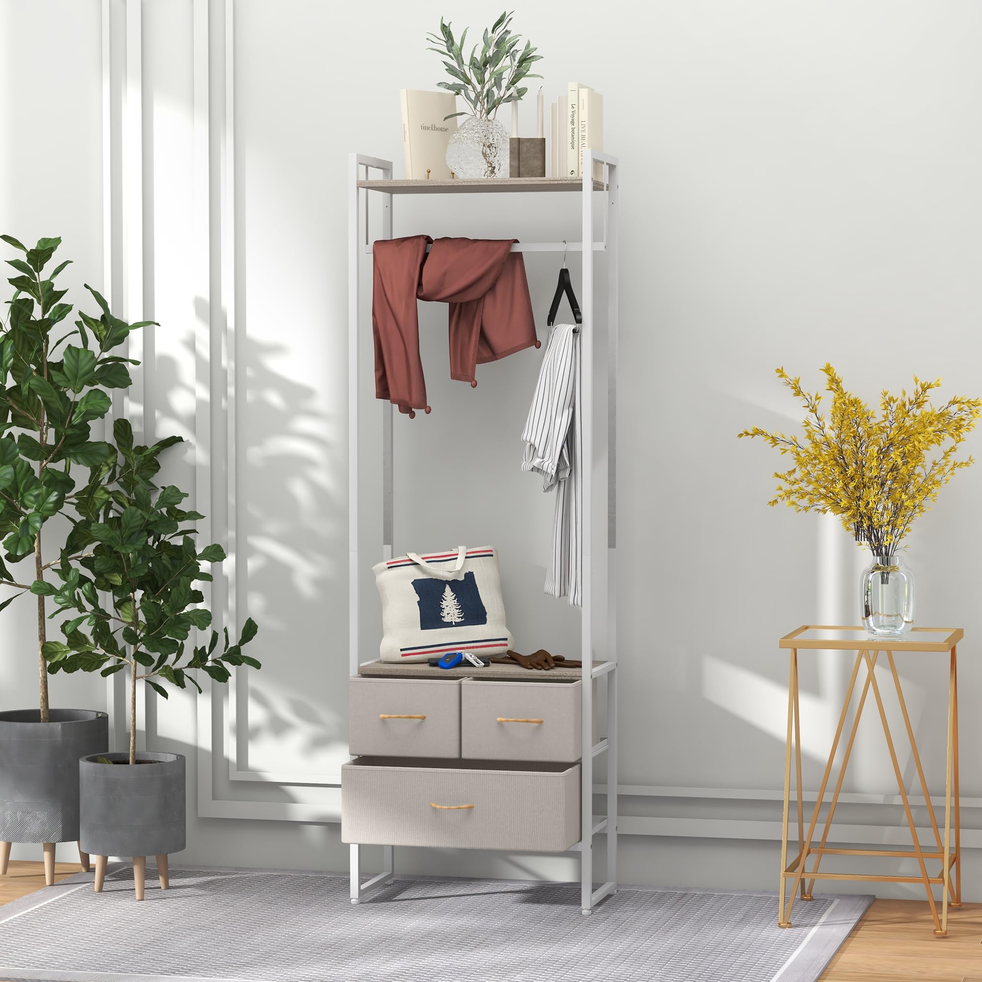 HOMCOM Perchero para Ropa Perchero Recibidor con 3 Cajones de Tela Barra para Colgar y Estante de Almacenamiento para Pasillo Dormitorio Sala de Estar 58,5x30x178 cm Natural