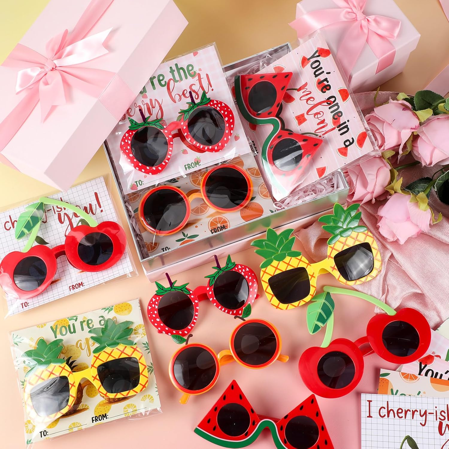 25 Set Dancing Fruit Party Favor Fruit Eyeglasses Sunglasses with Greeting Cards Sweet Pool Beach Them Luau Hawaiian Funny Photo Booth Props for Summer Birthday Party Gifts