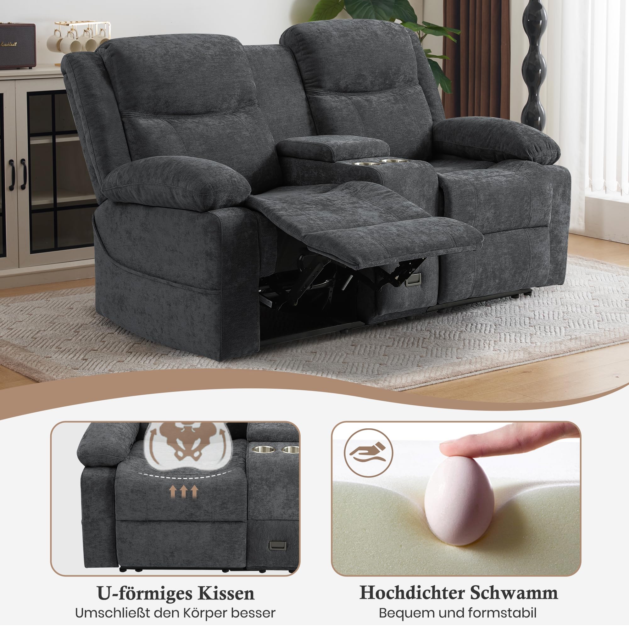 Zweisitziges Relaxsofa mit manueller Liegefunktion, Stoffbezug, Mittelkonsole mit Becherhaltern & Seitentasche – Doppel-Liegesofa ideal für Wohnzimmer, Büro oder Wohnung (Grau)