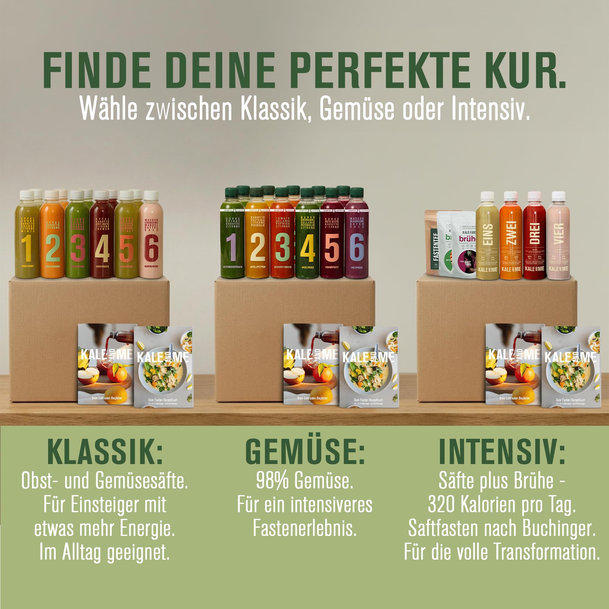 Kale&Me Saftkur Gemüse 3 Tage – 18 nummerierte Flaschen mit je 320 ml | 6 verschiedene kaltgepresste Säfte aus 98% Gemüse, vegan, ohne Zusatz- & Konservierungsstoffe, mit Guide & Gemüsebrühepulver