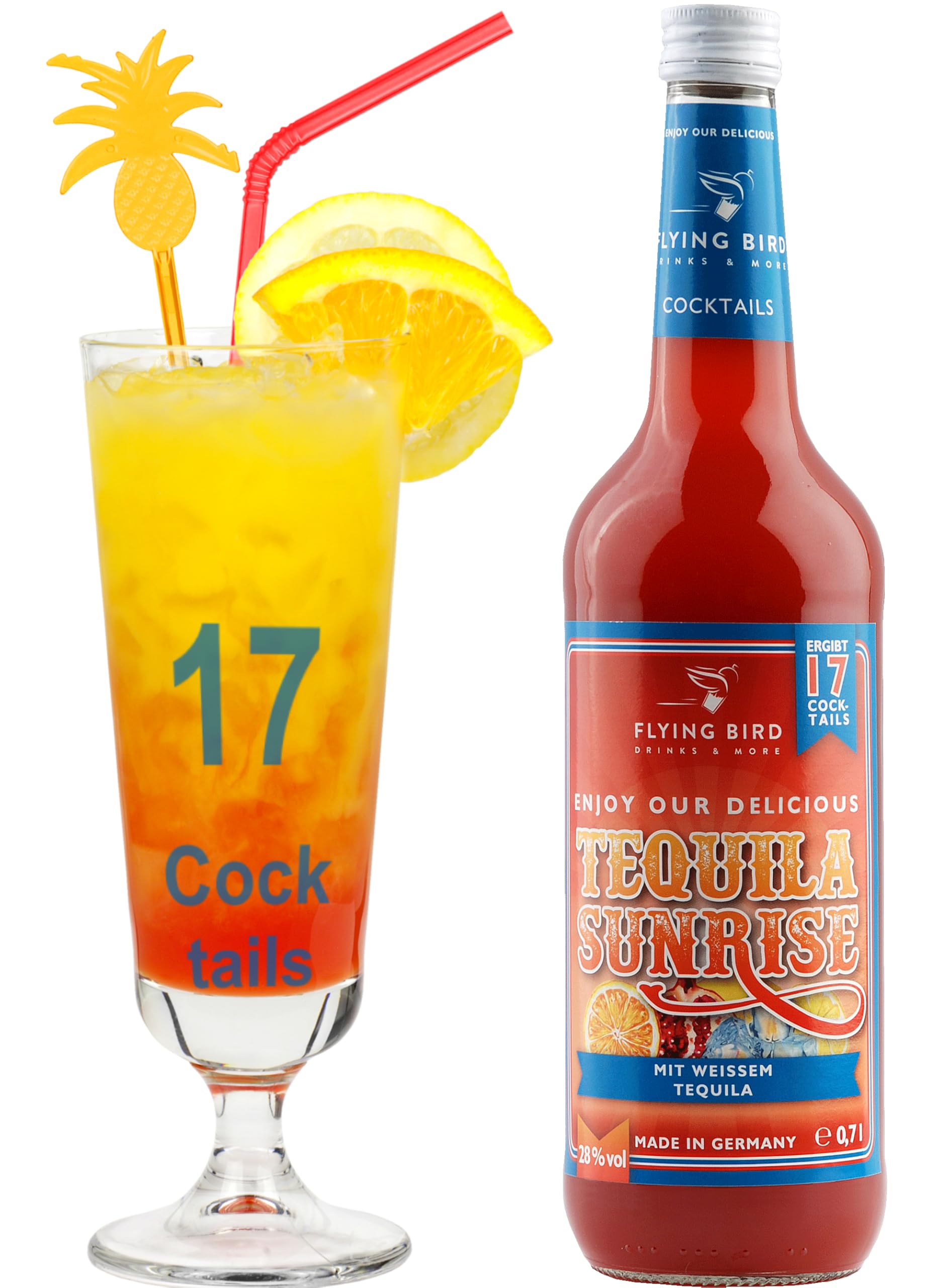 Flying Bird Tequila Sunrise für 17 Cocktails | 0,7l Flasche mit allen Zutaten | mit Orangensaft auffüllen, fertig