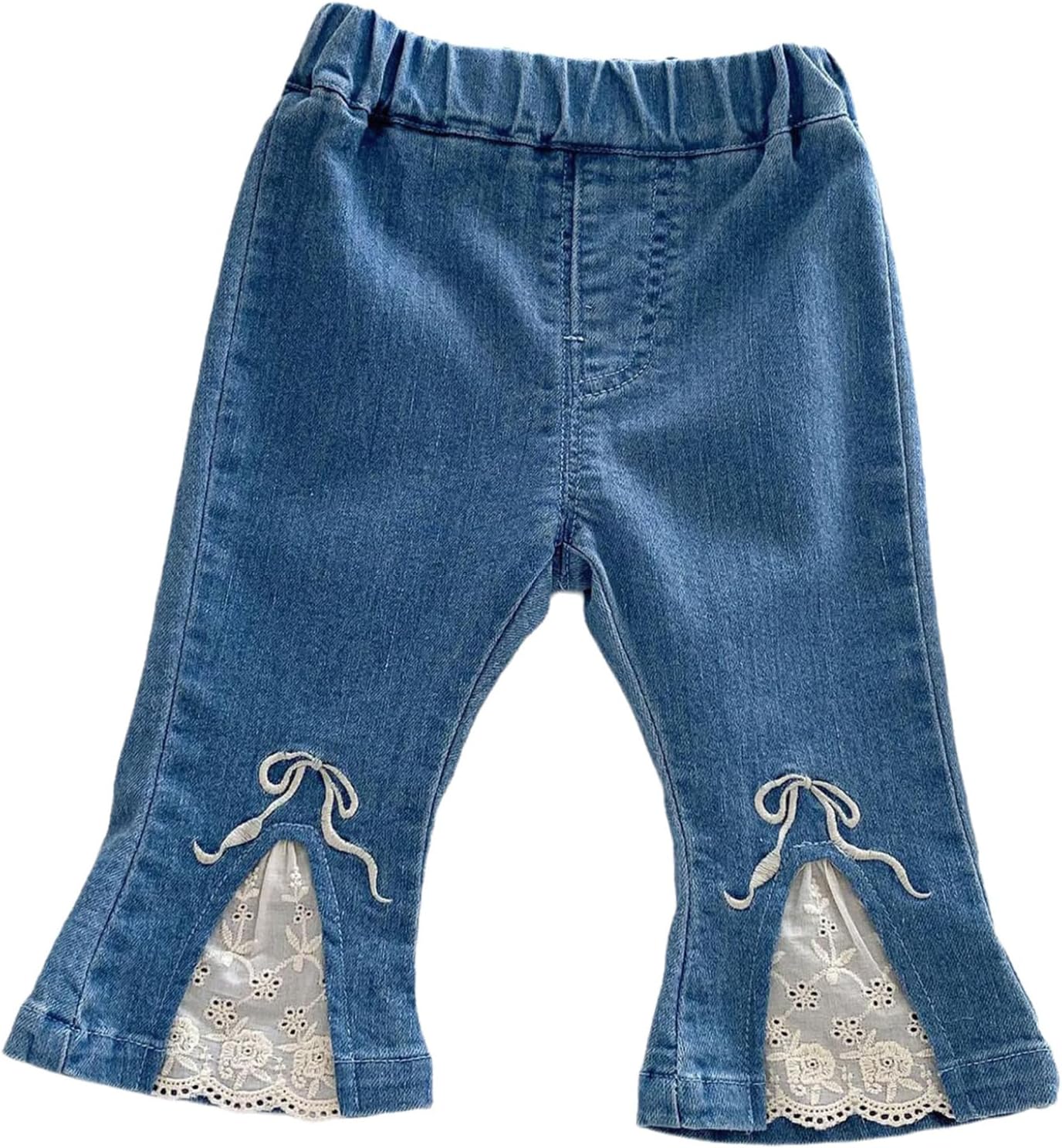 Toddler Baby Girls Fashion Jeans Bow Embroidered Stretch Lace Patchwork Bell-Bottom Denim Pants