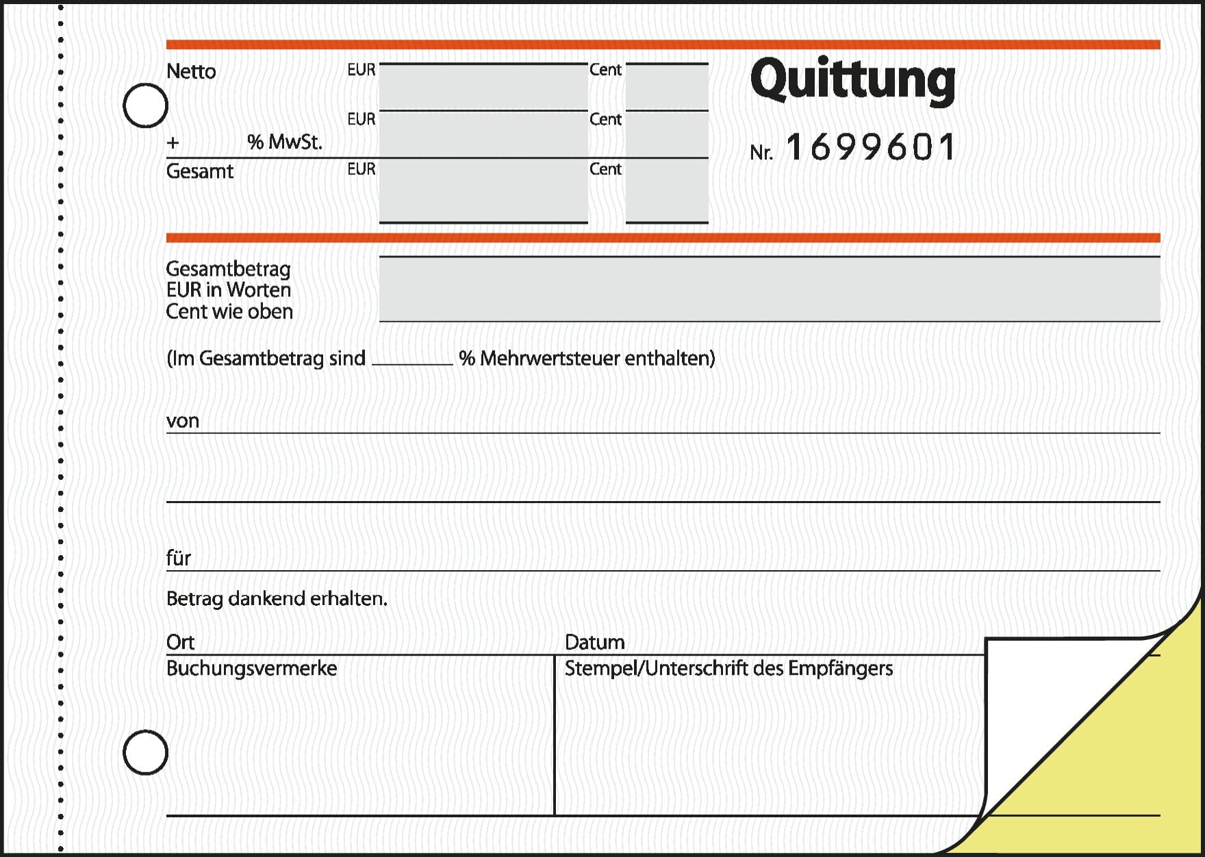 SIGEL SD121/5 Quittungsblock fortlaufend nummeriert, eindeutige 7stellige Nummer, A6 quer, 5 Stück, 2x50 Blatt, selbstdurchschreibend, aus nachhaltigem Papier