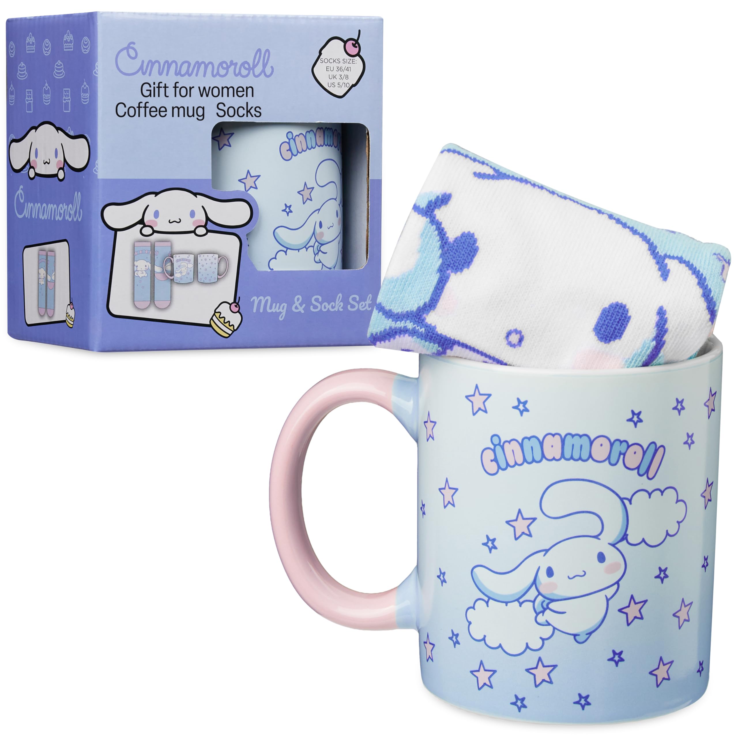 Get Trend Hello Kitty Cinnamoroll Tasse und Socken Damen Teens, 340ml/11.5oz Keramik Kaffeebecher, Weich Kuschelsocken 36–41 Größe, Sanrio Geschenke für Frauen (Blau Cinnamoroll)