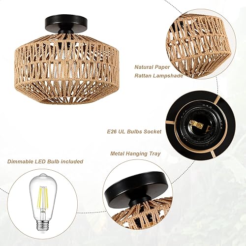 Miniatura 7 de Jobtical Lámpara de techo estilo bohemio, mini lámpara de ratán con bombilla LED regulable, montaje empotrado para pasillo, dormitorio, cocina,