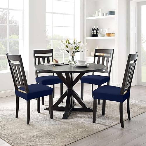 Miniatura 8 de Smiry Juego de 6 fundas de asiento elásticas de jacquard para sillas de comedor, extraíbles y lavables, sin fundas traseras, color azul federal