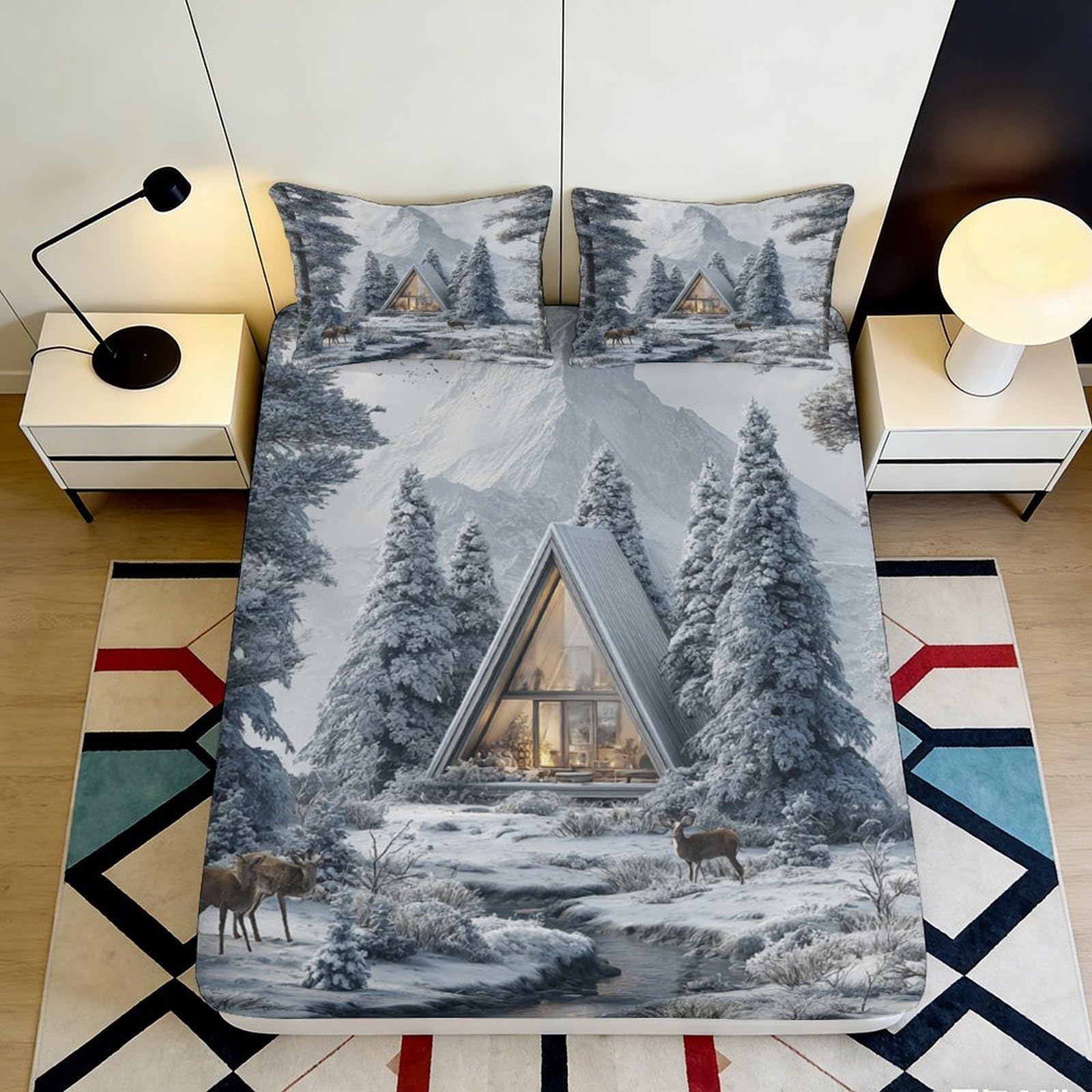 3D Printed Forest Cabin Fitted Sheet Microfiber Soft Breathable Deer Landscape Mattress Cover for Bedroom Guest Room Decor 90x200x25cm