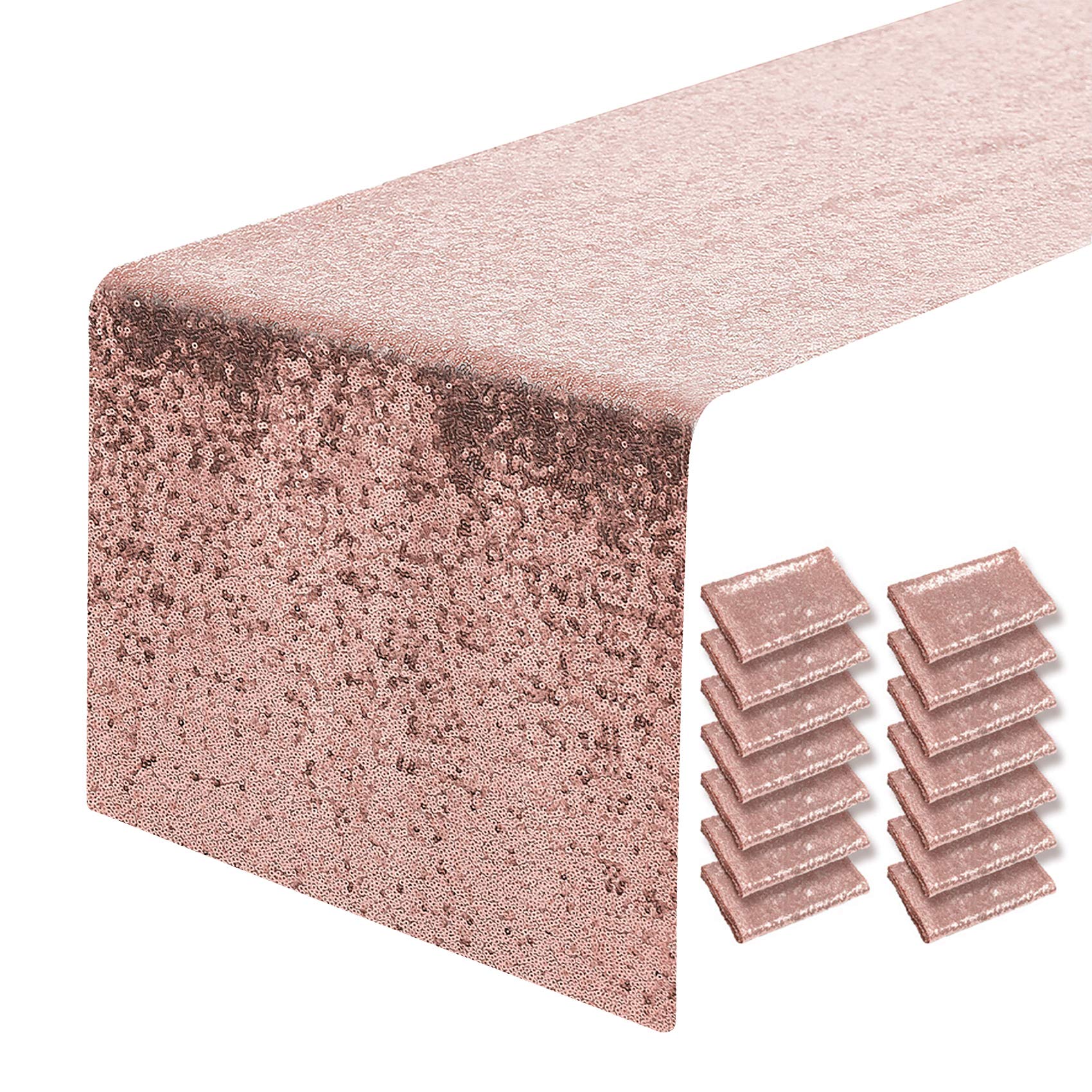 15 Packs 12 x 108 inches Rose Gold Sequin Table Runner, Glitter Rose Gold Table Runner for Wedding Birthday Bachelorette Holiday Party Supplies Decorations Bridal Shower Baby Shower