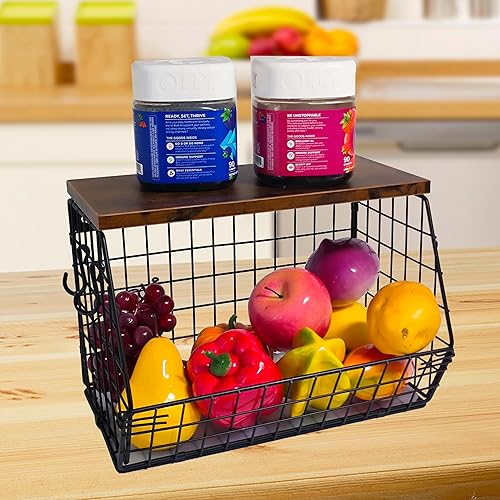 Cesta de frutas colgante para encimera de cocina, organizador de fruta, cesta apilable de alambre montado en la pared con tapa de madera,
