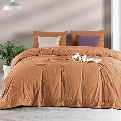 Miniatura 1 de Juego de funda de edredón %100 algodón natural, tamaño Queen, naranja quemado, similar al lino, ropa de cama lujosa, suave y cómoda con 2 fundas de