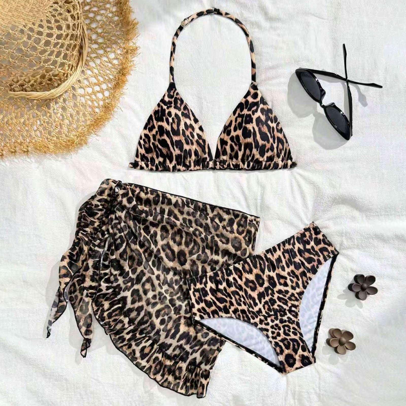 Maillot de Bain Deux Pièces Fille Bikini Volants Léopard Imprimé Maillot Bain Piscine Fille avec Haut Bas Taille Haute Confortable Ensemble Bikini pour Filles Plage Surf Léopard Maillots Bain 7-12 Ans