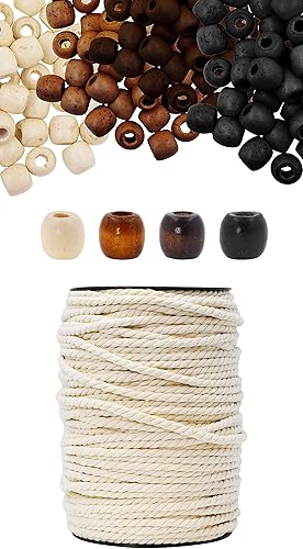 Mandala Crafts Paquete de cuerda de algodón de macramé de 0.236 in y 200 cuentas de madera natural