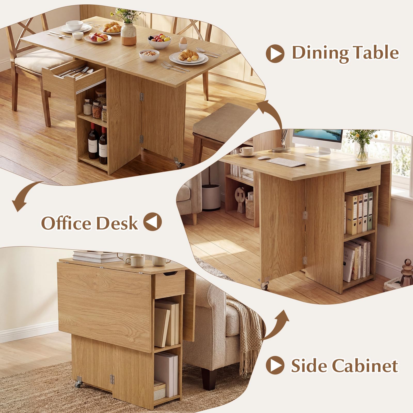 GIANTEX Mesa de Comedor Plegable, Mesa de Cocina Móvil con Alas Abatibles, 1 Cajón y 2 Estantes Abiertos, para 2-4 Personas, Ahorra Espacio, 120x72x75cm, para Comedor, Salón, Dormitorio (Natural)