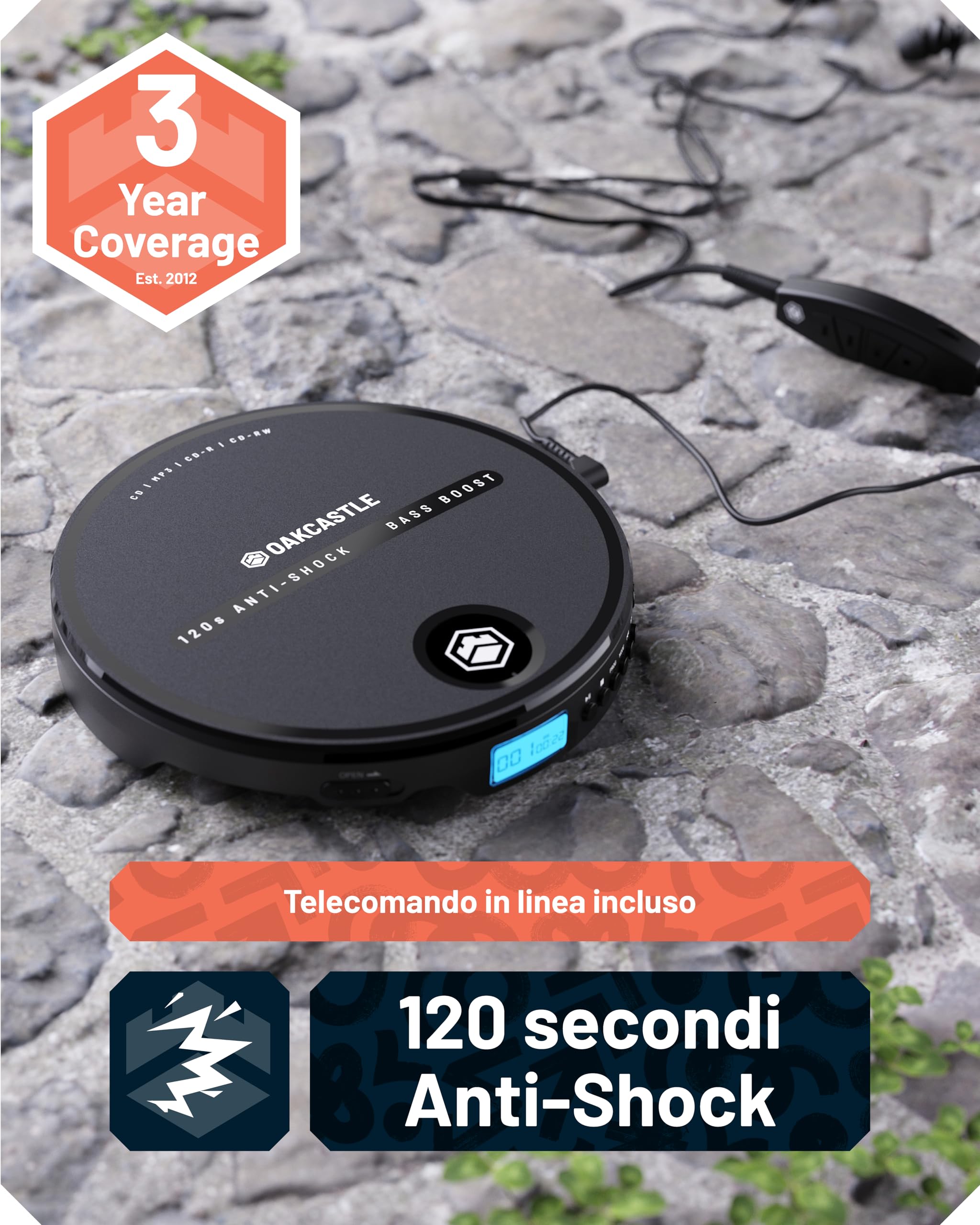Lettore CD Portatile Oakcastle CD10 con Cuffie | CD, CDR, CDRW, MP3 | Funzione Anti-Skip ESP, Bass Boost, Blocco Tasti | 7 Ore di Autonomia | Alimentazione a Batteria o USB