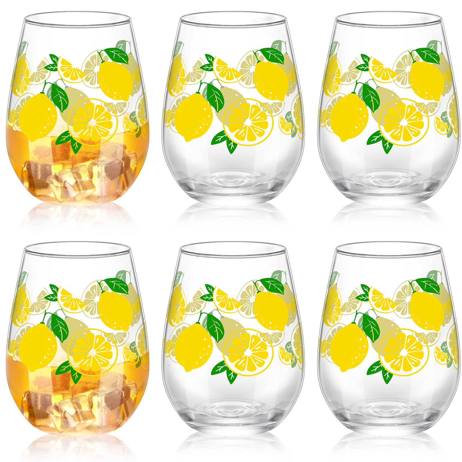 Maxcheck 6 Pcs Lemon Wine Glass Set 18 oz Summer Stemless Glasses with Yellow Lemon Designs for Summer Wedding Birthday Present Holiday Party Gift