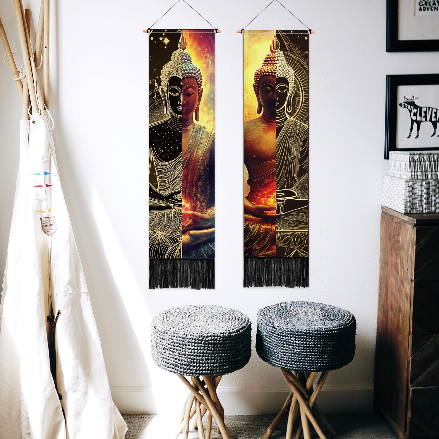 PLIGREAT 2 Pack Vintage étagère Tapisserie Avec Pompon Classique Bibliothèque Tapisserie Murale Verticale Pour Collège Dortoir Chambre Salon Long étroit Tenture Murale Maison