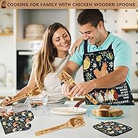 Vista 2 de 8 piezas de cuchara de cocina de bambú con forma de pollo con delantal y guantes de horno, utensilio de cocina con temática de gallo para mujeres