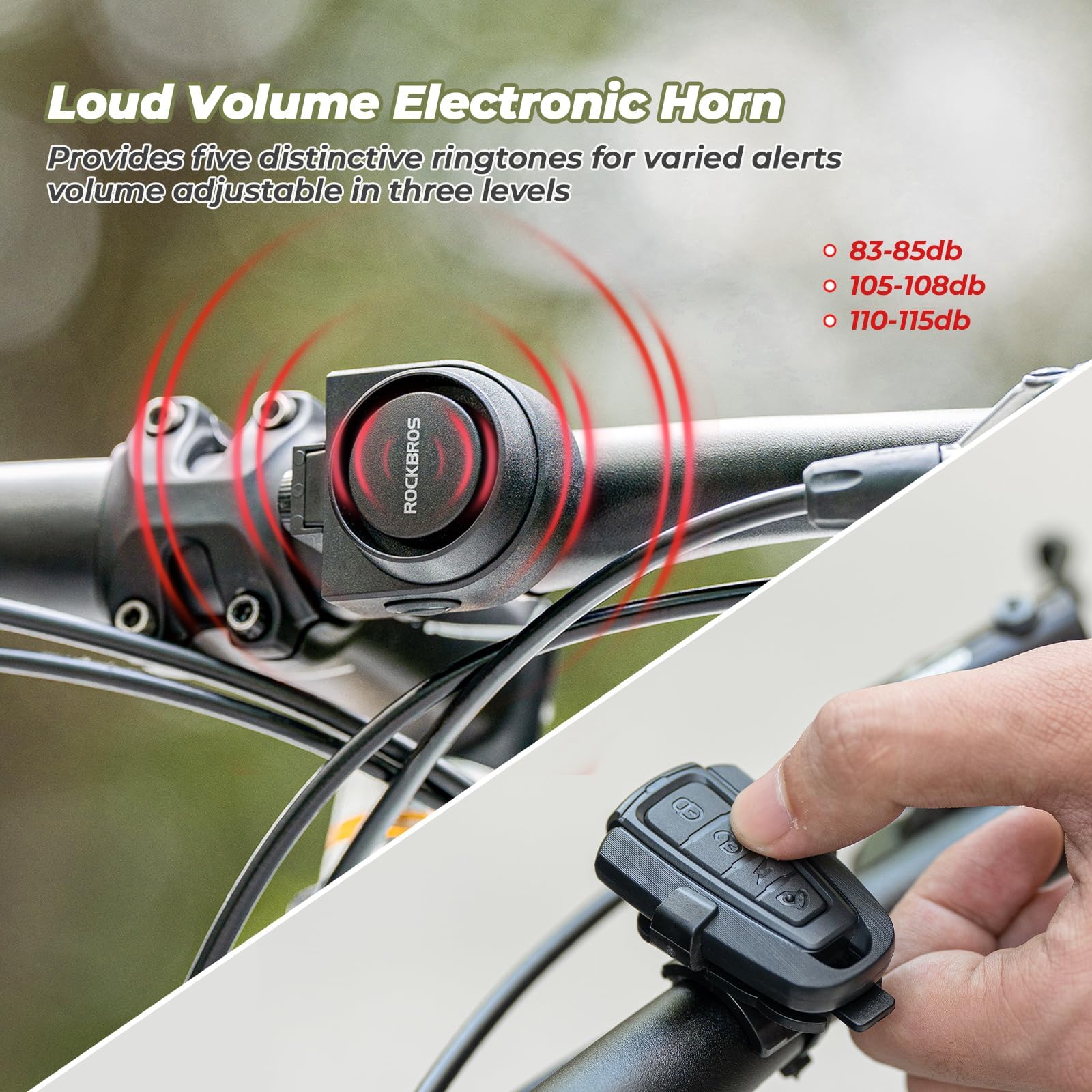 ROCKBROS Timbre Eléctronico Bicicleta, 115dB Volumen Regulable Bocina Bicicleta Eléctrica con Mando a Distancia, 4 Modos Sonido USB Recargable para MTB, BMX, Patinete Eléctrico