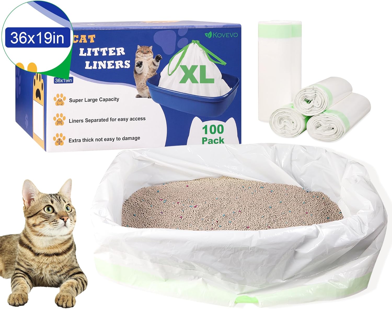 100 Pack Jumbo Cat Litter Bags - 3MIL Extra Thick Heavy Duty Cat Litter Box Liners, 36"x19" Drawstring Large Cat Litter Liners for Litter Boxes, Easy Clean Up Kitty Litter Liner XL