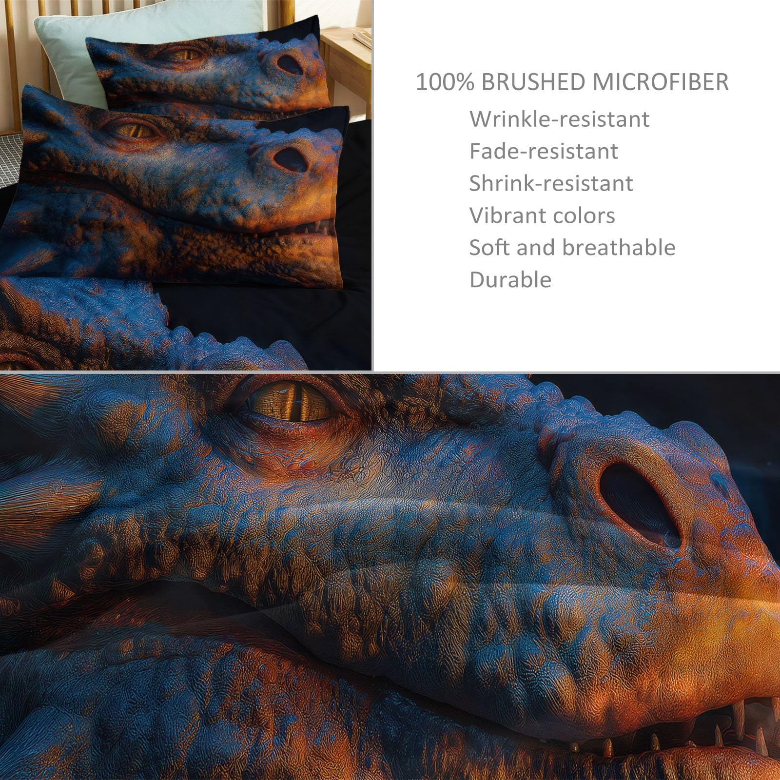 Fantasy Zwierzęta Smoki Poszewka na kołdrę z nadrukiem 200 x 200 cm, czarny dwustronny zestaw pościeli dla dzieci chłopców dziewcząt nastolatek - komplet pościeli z zamkiem błyskawicznym