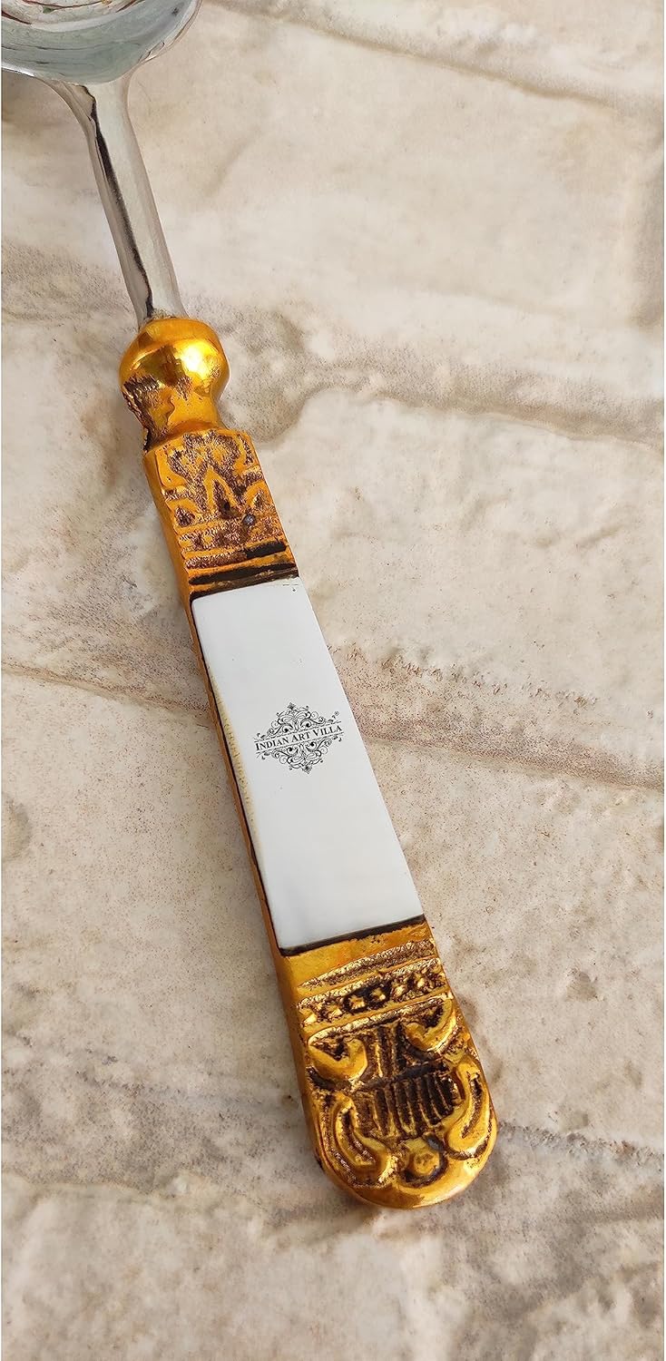 Indian Art Villa Steel Brass Spoon With Antique Embossed Design, Dinnerware, Tableware & Cutlery Item, Length- 8 Inches, Set of 2