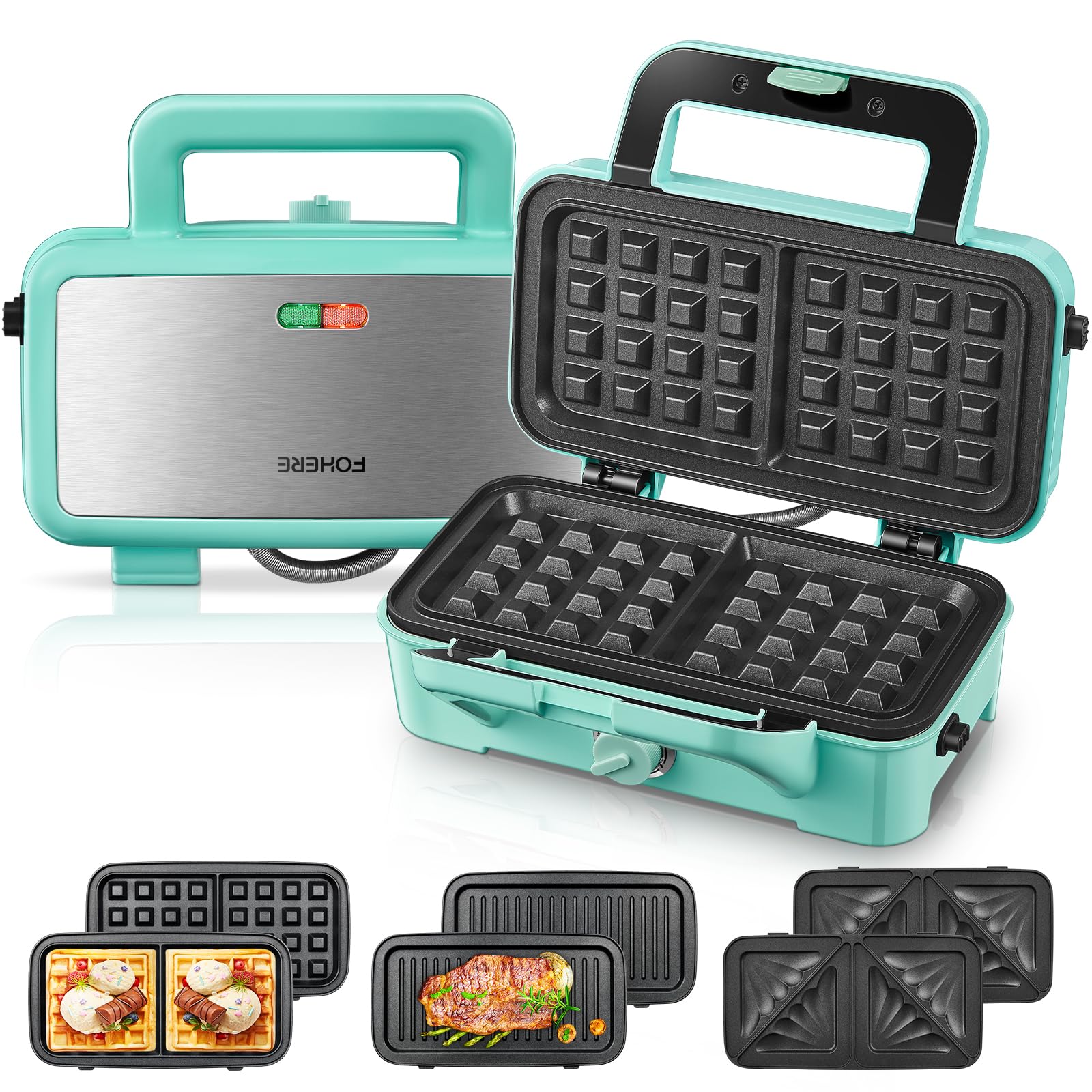 FOHERE 3-in-1 Waffle Maker & Sandwich Press - 1200W, Removable Plates, 5 Temp Settings