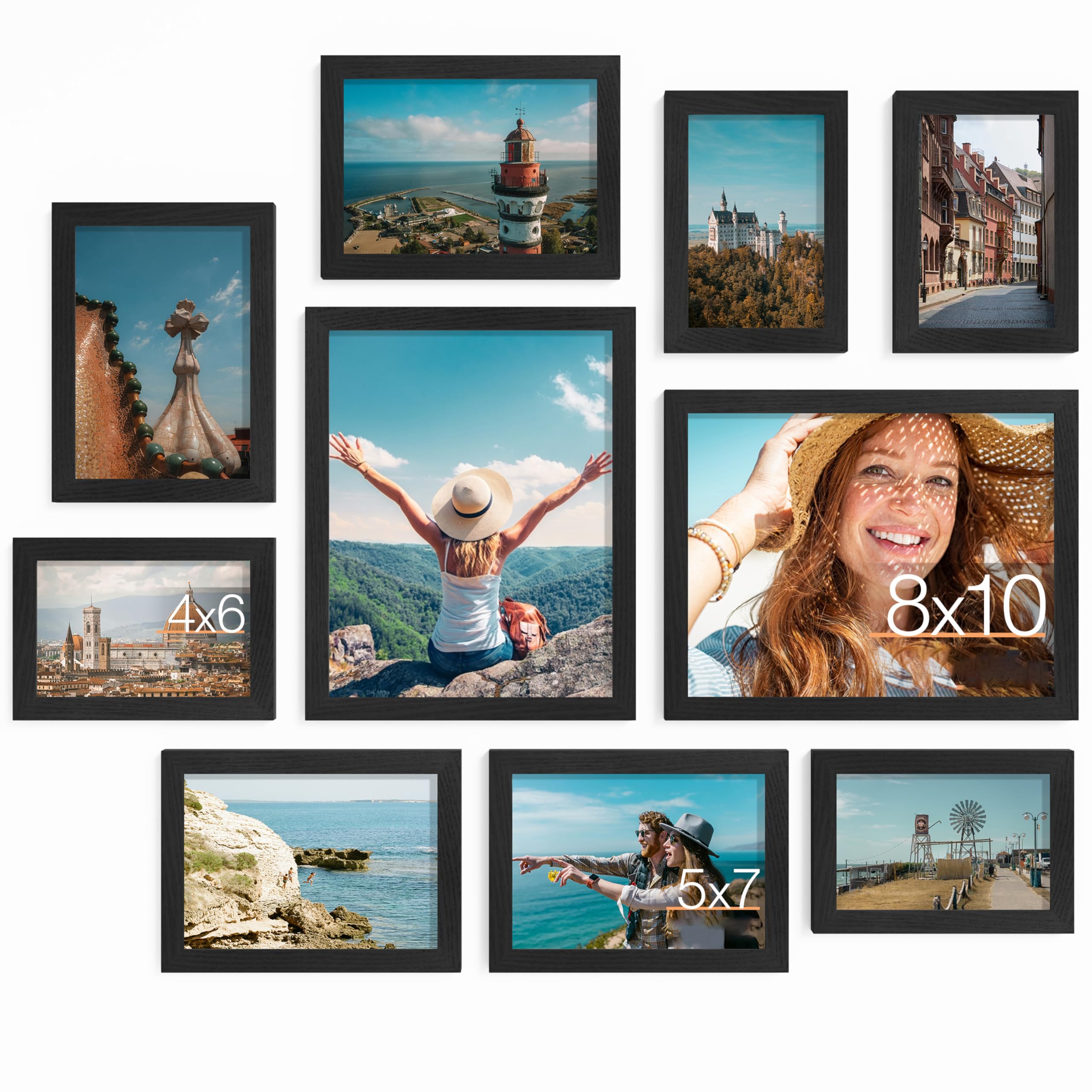 Pseul 10 Pack Picture Frames Collage Wall Decor with Glass, Gallery Wall Frame Set for Wall Mounting or Tabletop Display, Multi Sizes Including 8x10, 5x7, 4x6 Family Photo Frames (Black)