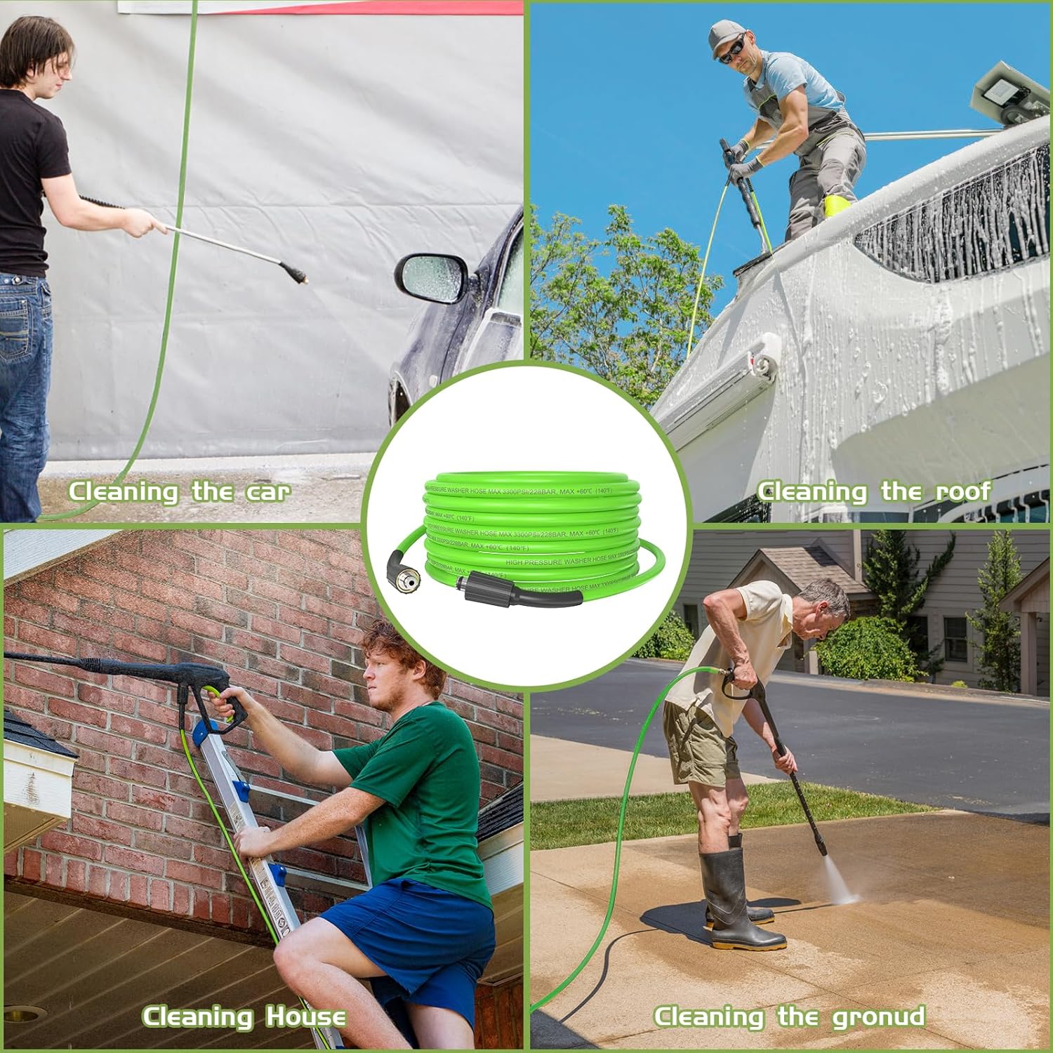 PVC Pressure Washer Hose 50FT 1/4", 3300PSI Kink Resistant Pressure Washing Extension Hose, Equipped with M22-14mm Connection Adapter, For Home Use - GREEN