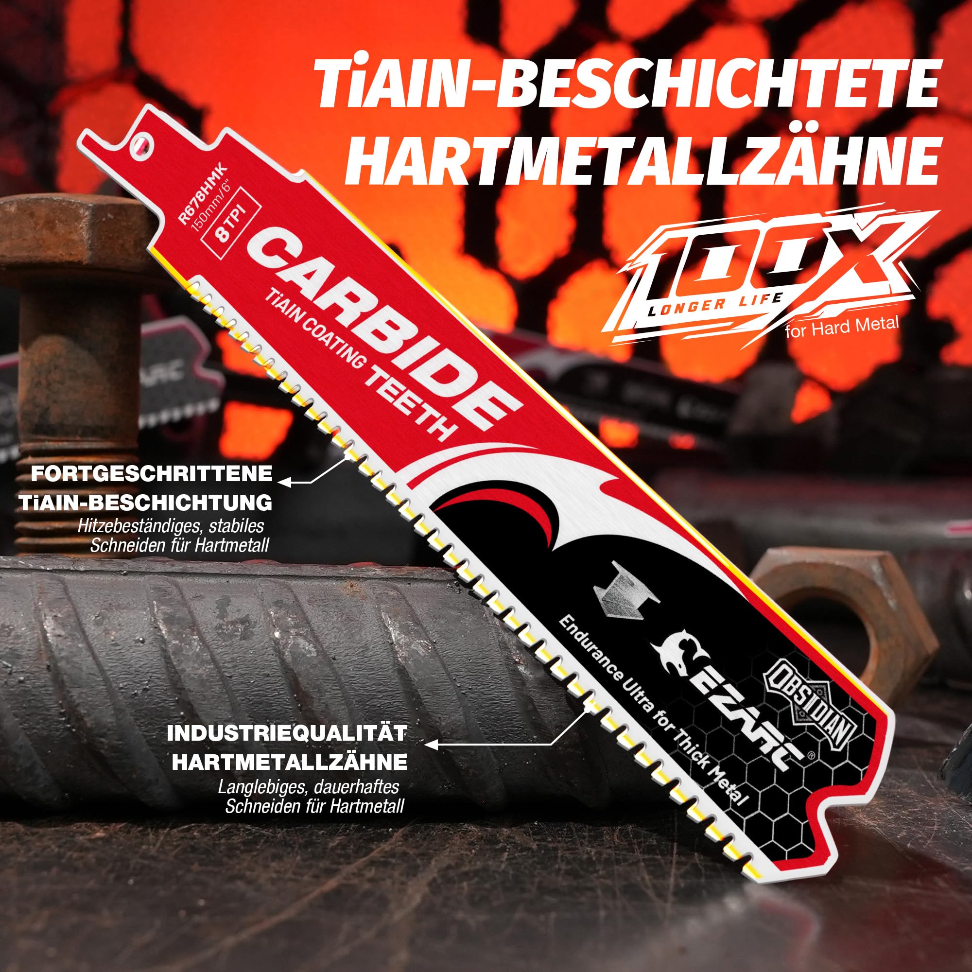 EZARC Säbelsägeblätter Obsidian Hartmetall, 150 mm 8 TPI für dickes Metall, Gusseisen & legierten Stahl – TiAlN-beschichtete Hartmetallzähne, langlebiges Metallsägeblatt, 3 tlg