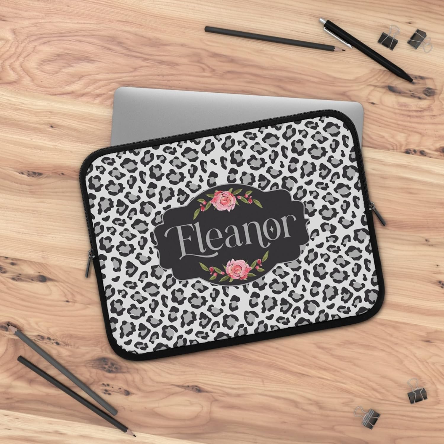 Custom Name Grey Leopard & Roses Laptop Sleeve Designed for MacBook Pro/Air & iPad Tablets, 7, 10, 13, 15, 17 Inch, Personalized Lenovo, HP, Acer, Dell Notebook Computer Bag Case