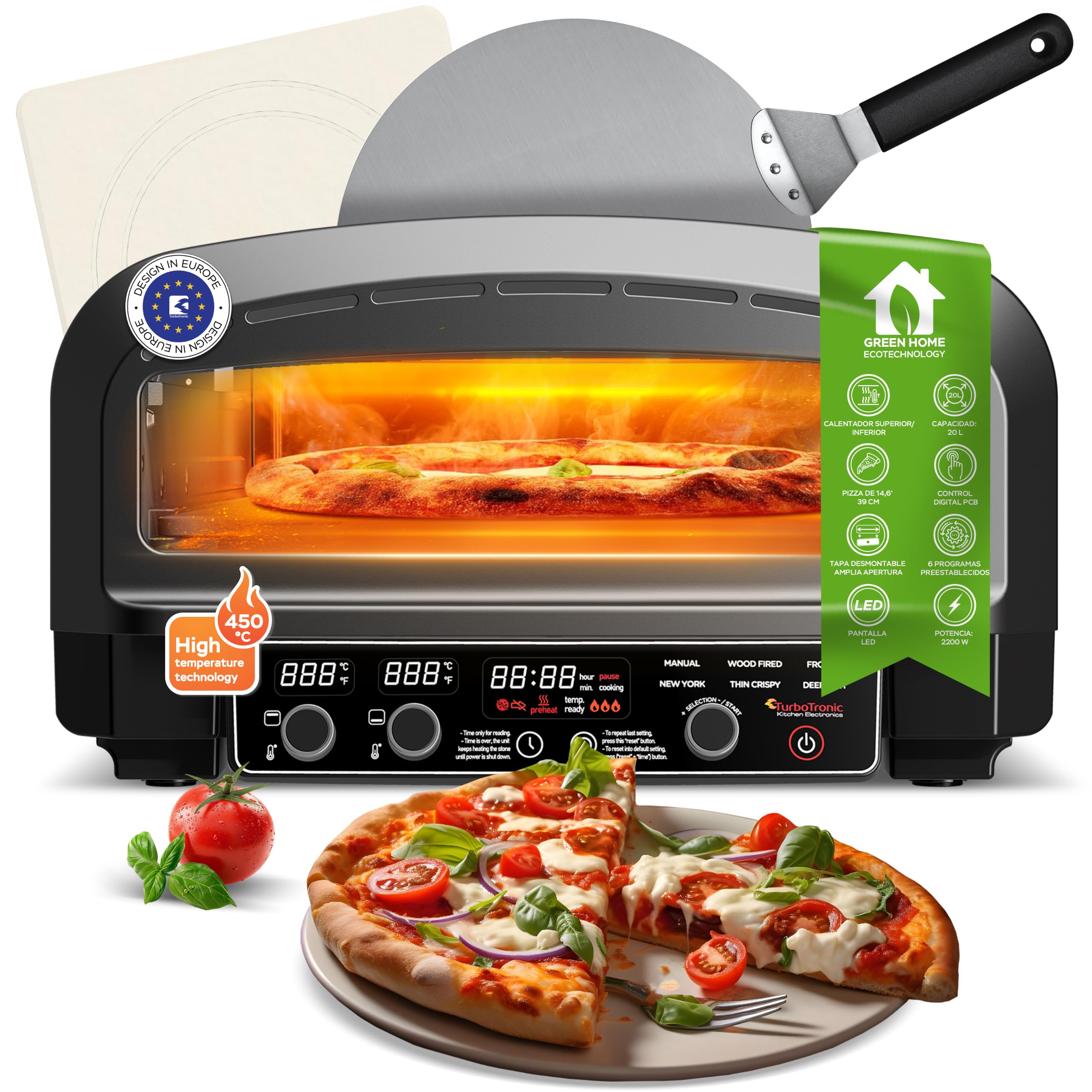 TurboTronic Horno Eléctrico para Pizza 2200W, hasta 450 °C, para Pizzas de 37 cm (14,6"), con Piedra para Pizza, Uso Interior y Exterior, Ideal para Casa, Jardín, Cocina