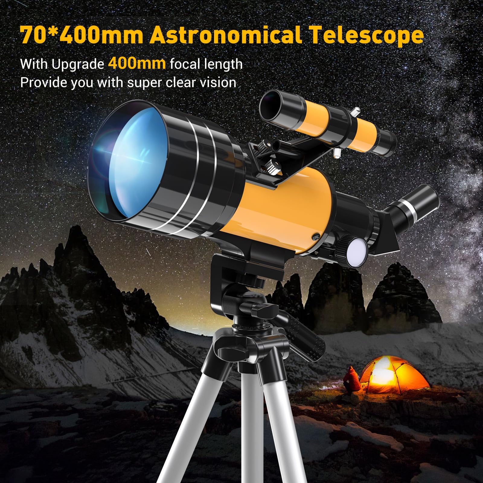 Télescope Astronomique Kit, 400mm/70mm Lunette HD 200X Astronomique Réfracteur, avec Adaptateur de Téléphone Trépied Ajustable et Chercheur pour Débutants, Enfants et Amateurs pour Observer la Lune