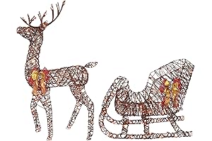 Wooden Christmas Reindeer and Santa Sleigh Set - Lighted Christmas Yard Decoration