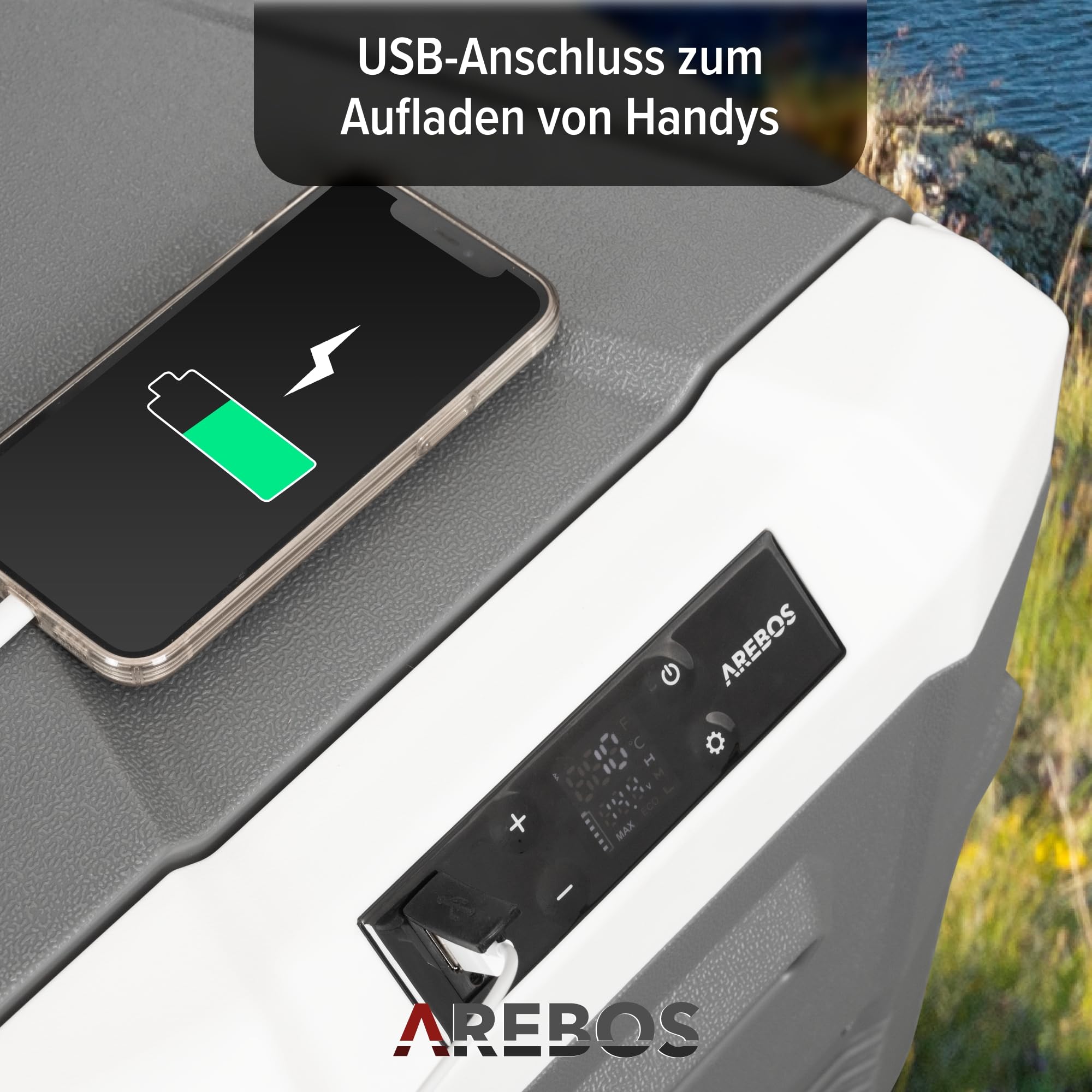 Arebos Kompressor Kühlbox 35 Liter Elektrische Gefrierbox APP Smart-Steuerung Mobile Kühltruhe USB-Anschluss -20 °C 12/24 V 230V Auto LKW Camping Boot Wohnmobil