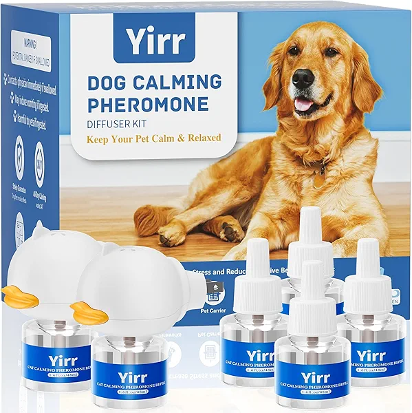 Yirr Dog Calming Diffuser, 8 in 1 Dog Pheromones Calming Diffuser, Relaxing Pheromone for Dogs Relief Stress Anxiety Reduce Aggression Barking, Help Train Dog to Pee, 2 Diffuser 6 Refill(48ml)