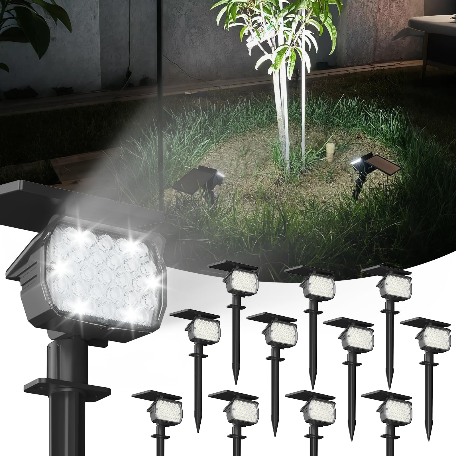 VOLISUN Solar Spotlight Outdoor, IP67 Waterproof Solar Landscape Spot Lights，Uplights for Yard Garden Pathway - 12 Pack (Cool White) 27 LED 3 Lighting