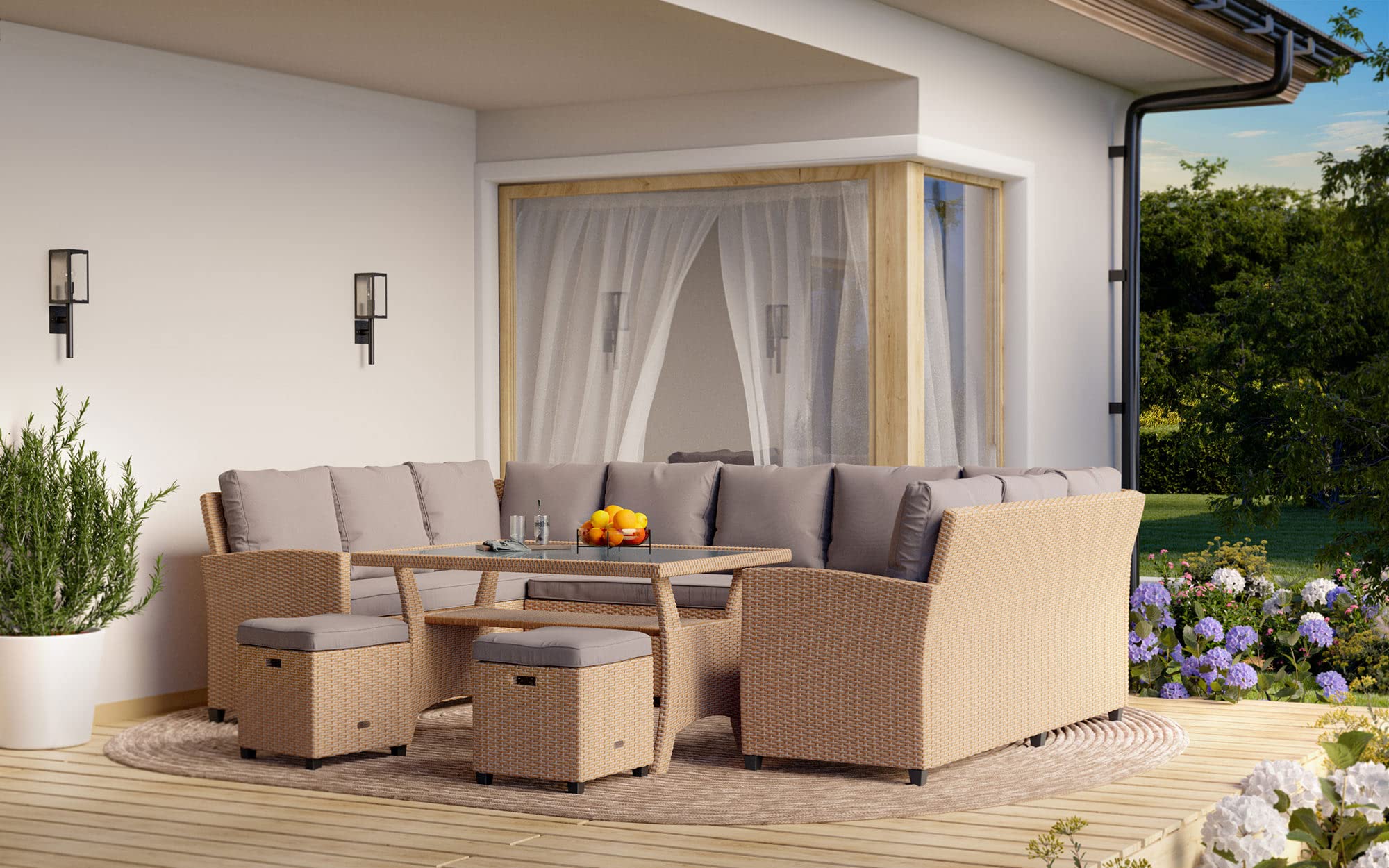 di volio Gartenmöbel-Set Polyrattan Lounge für 9 Personen Outdoor Livorno | Ecksofa, 2 Hocker, Tisch, Sitz- und Rückenkissen, Stahlrahmen, UV-beständig, pflegeleicht, Terrasse